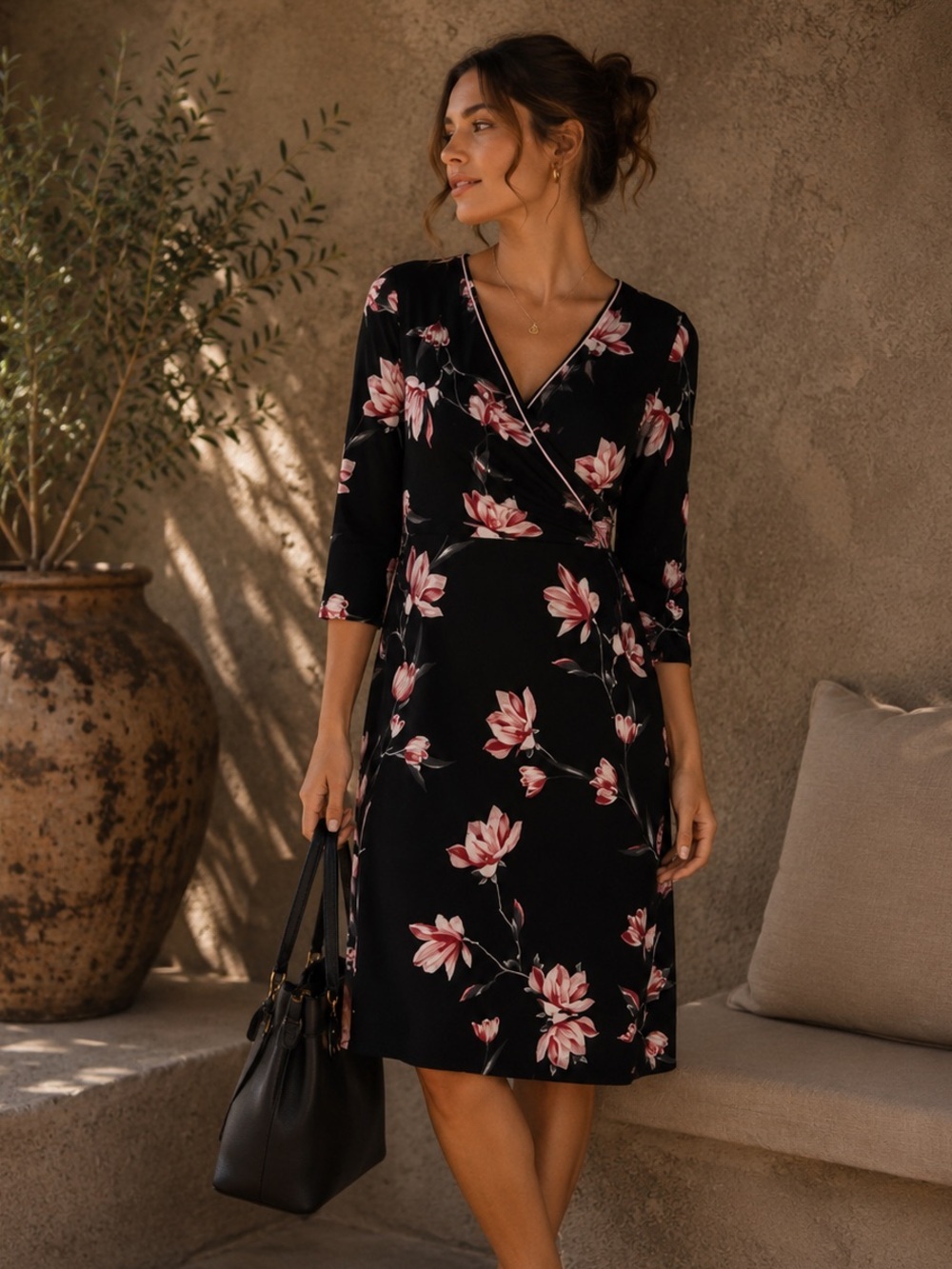 Bnwt le chateau pink black floral vNeck knee length dress